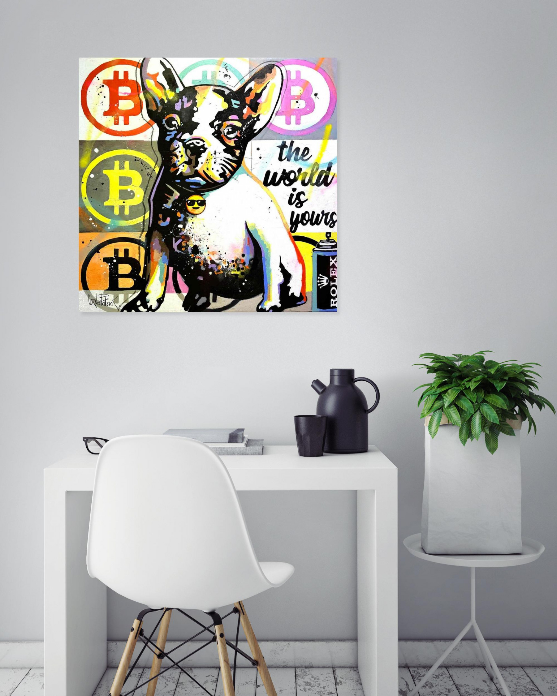 Patrick Cornée, My French Bulldog loves Rolex and Bitcoins, peinture - Galerie de vente et d’achat d’art contemporain en ligne Artalistic