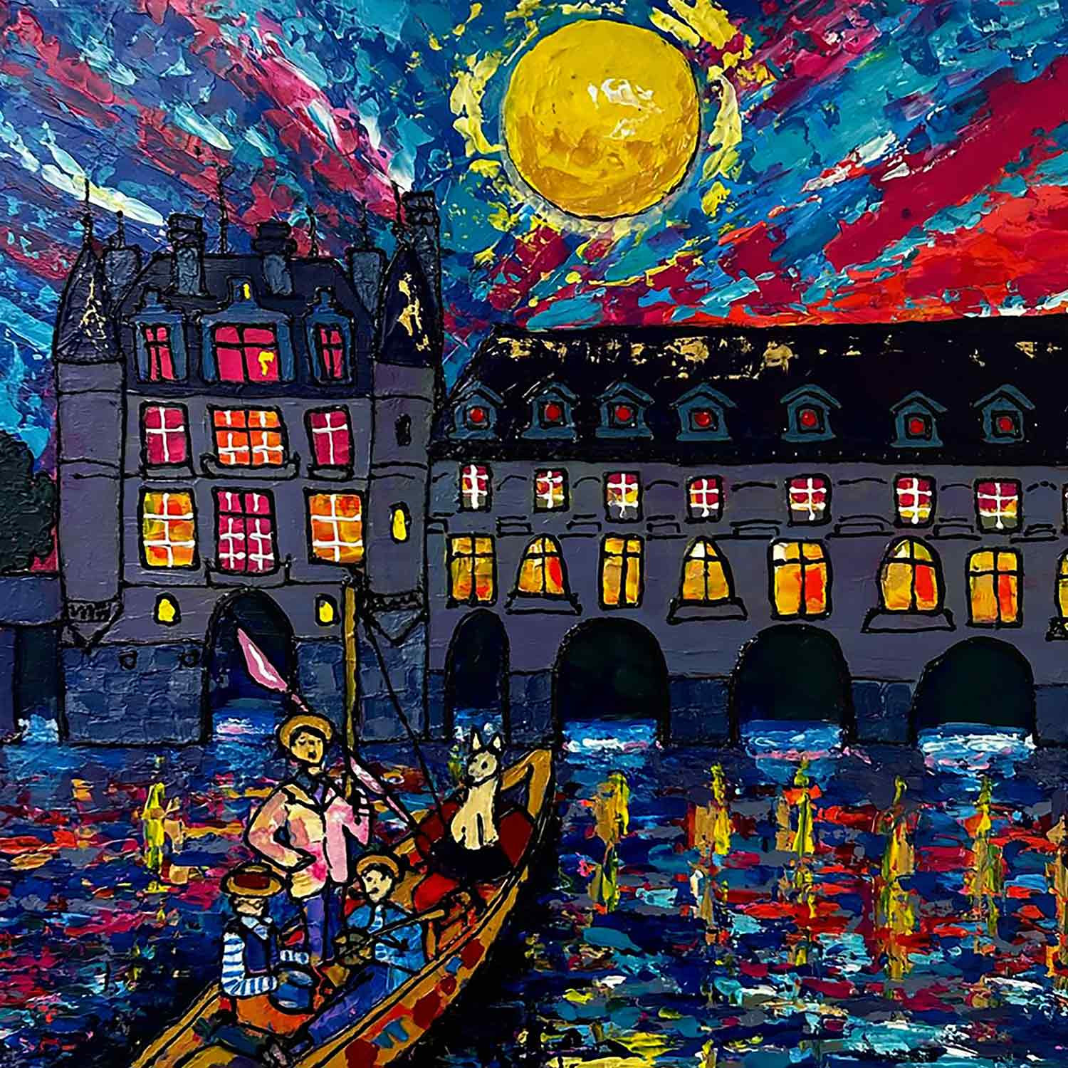 Elena Lanceleux, "Château de Chenonceau" et trois hommes dans un bateau, Peinture - Galerie de vente et d’achat d’art contemporain en ligne Artalistic