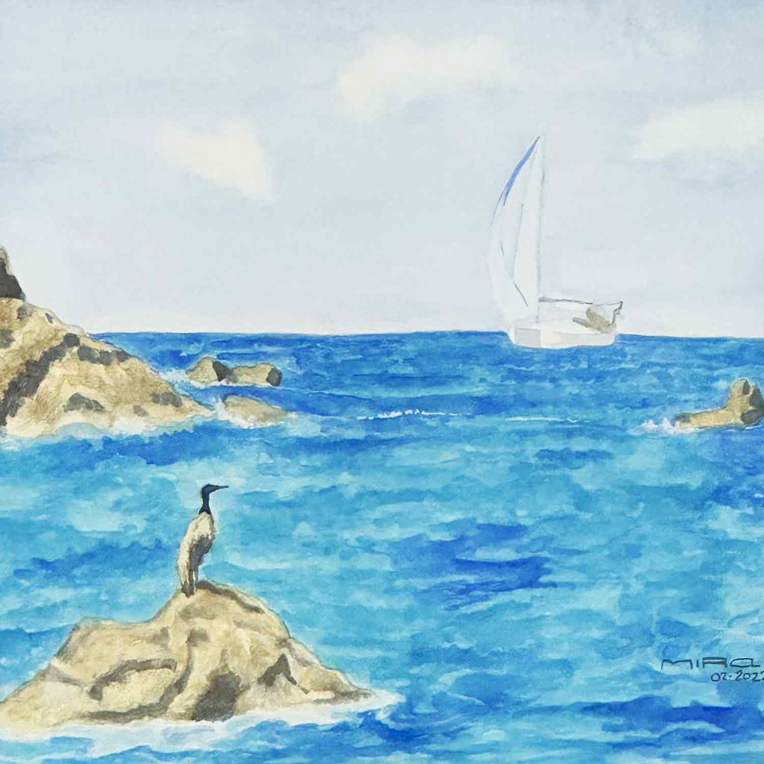 MIRA, Cormoran au rocher/ bleu, Peinture - Galerie de vente et d’achat d’art contemporain en ligne Artalistic