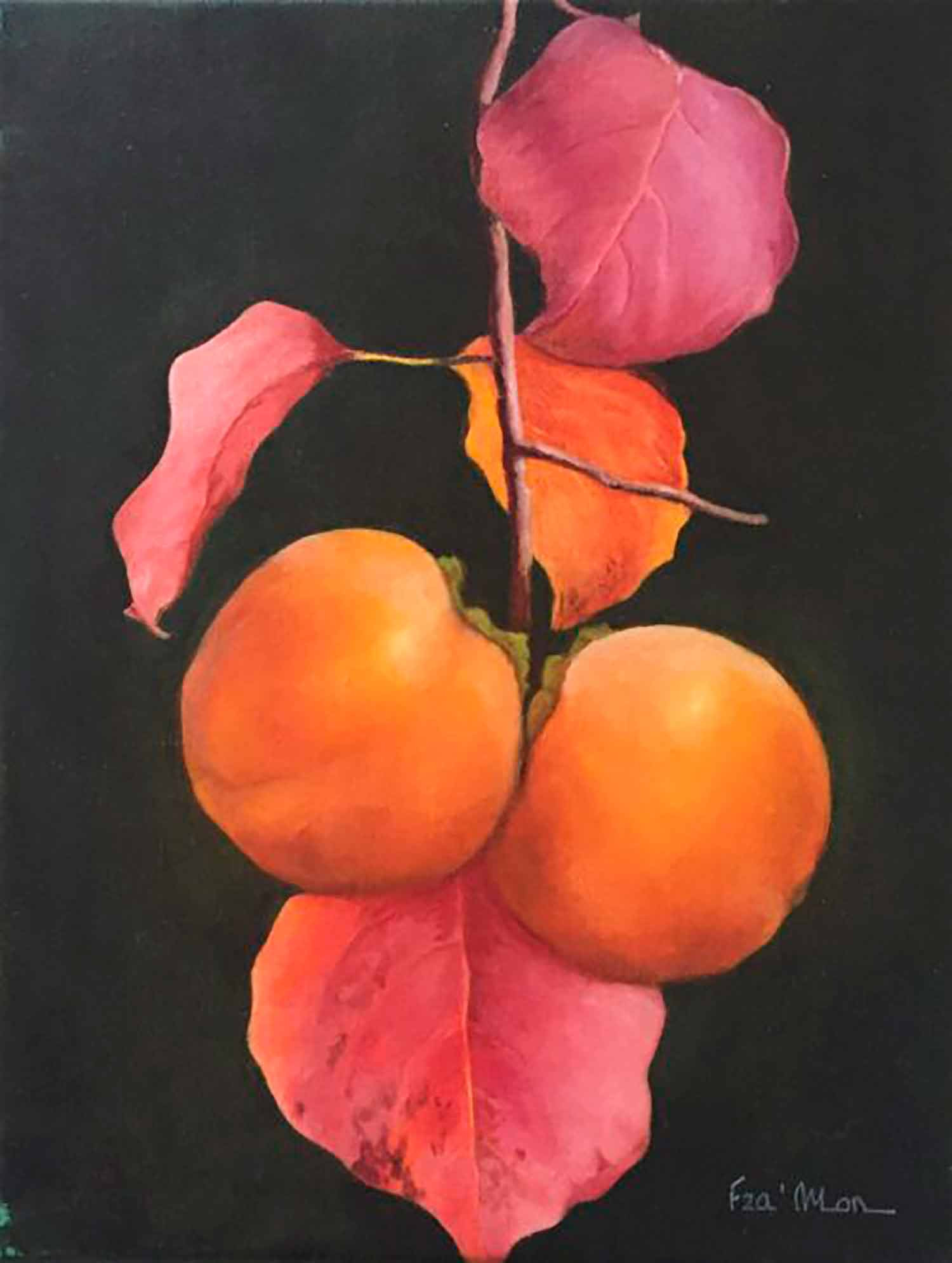 France Mondello, Kakis sur branche, peinture - Galerie de vente et d’achat d’art contemporain en ligne Artalistic