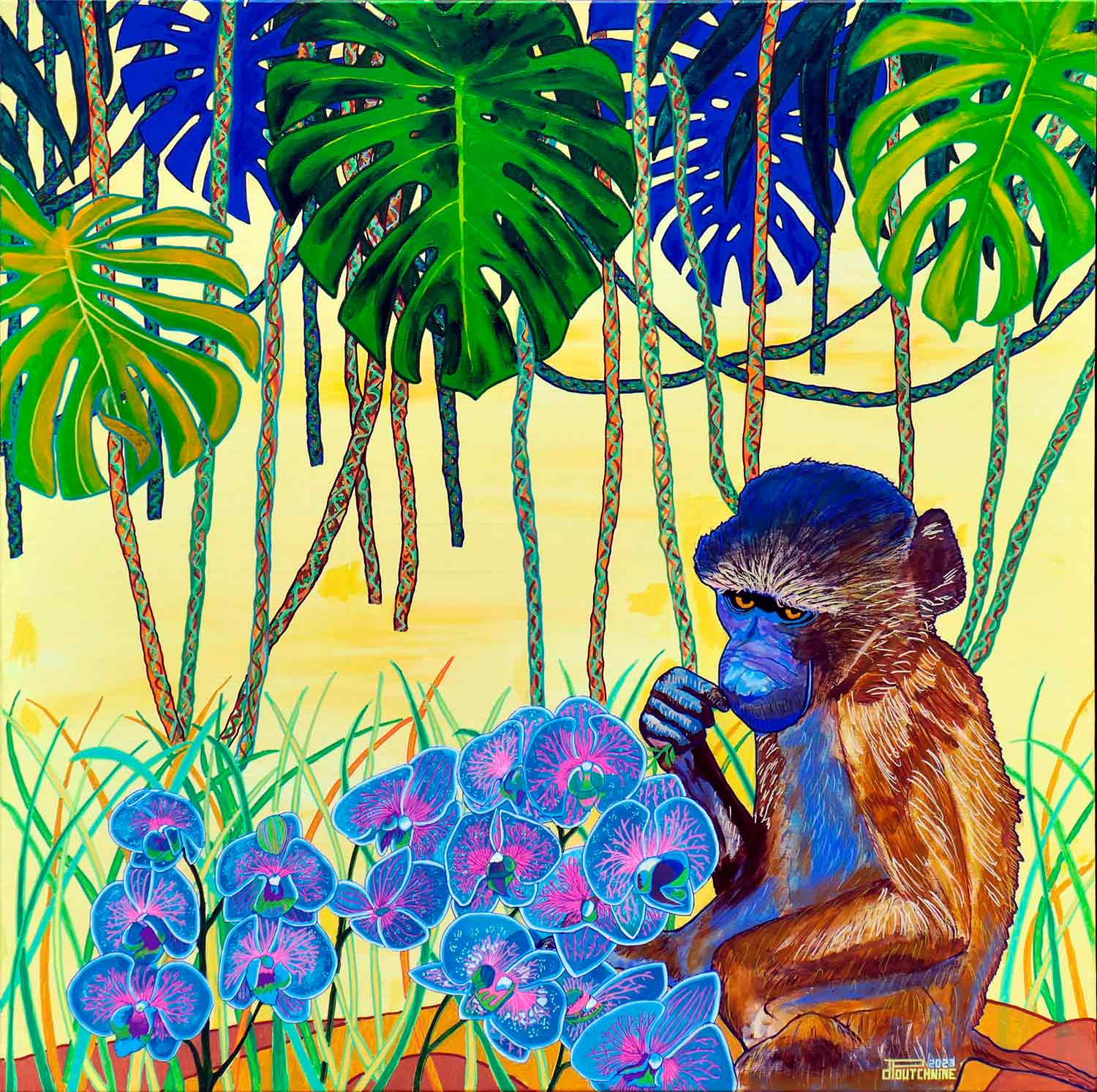 Pascal Poutchnine, Bébé babouin olive à la brindille, peinture - Galerie de vente et d’achat d’art contemporain en ligne Artalistic