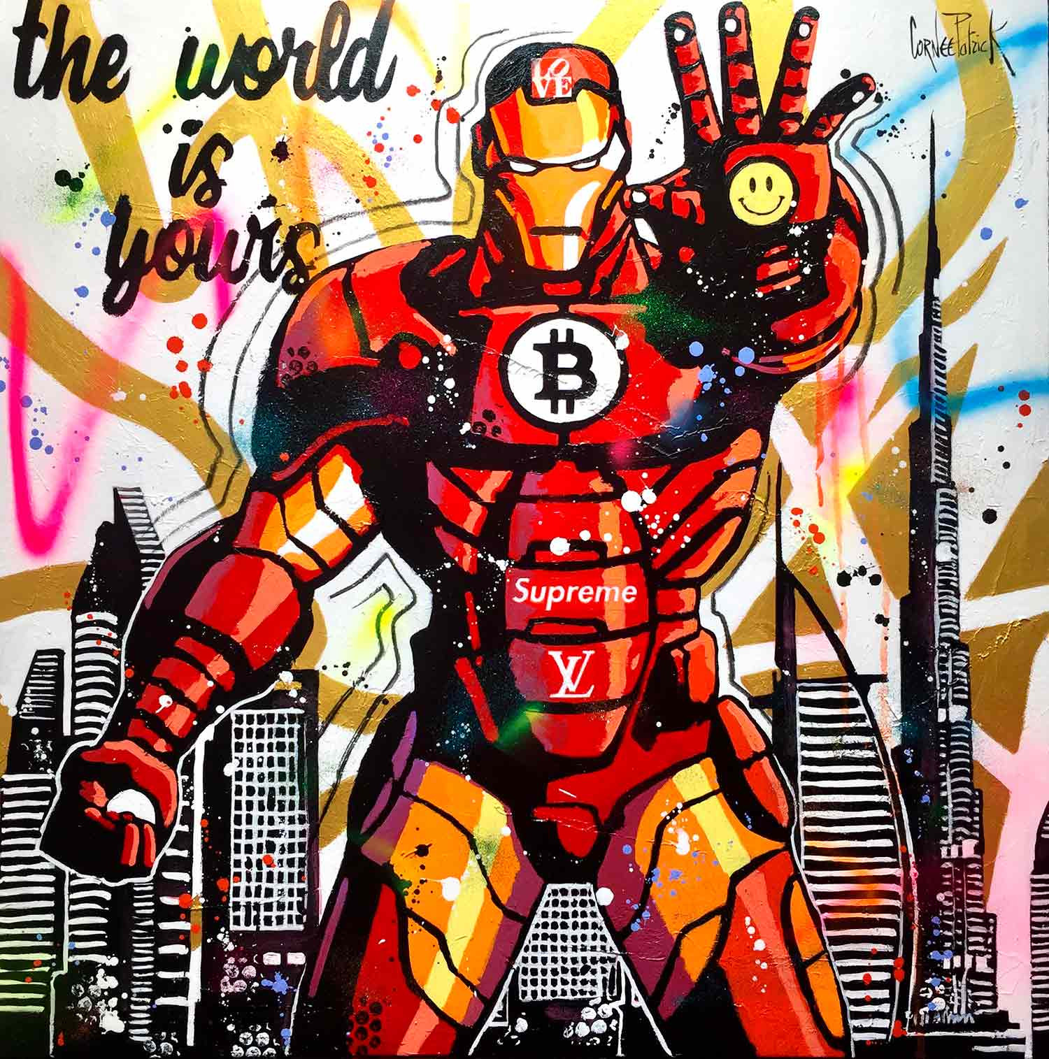 Patrick Cornée, Iron Man in Dubai, peinture - Galerie de vente et d’achat d’art contemporain en ligne Artalistic