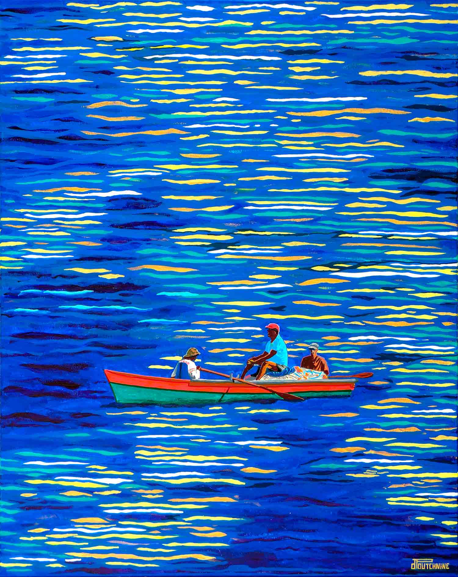 Pascal Poutchnine, Pêcheurs caribéens, soleil doré, peinture - Galerie de vente et d’achat d’art contemporain en ligne Artalistic