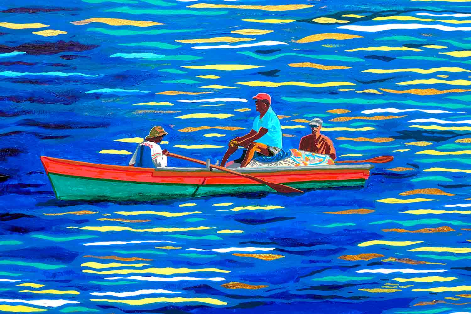 Pascal Poutchnine, Pêcheurs caribéens, soleil doré, peinture - Galerie de vente et d’achat d’art contemporain en ligne Artalistic