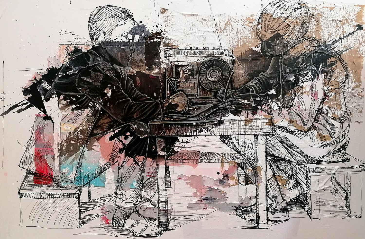 Marcelin Yao, L'heure du devoir, peinture - Galerie de vente et d’achat d’art contemporain en ligne Artalistic