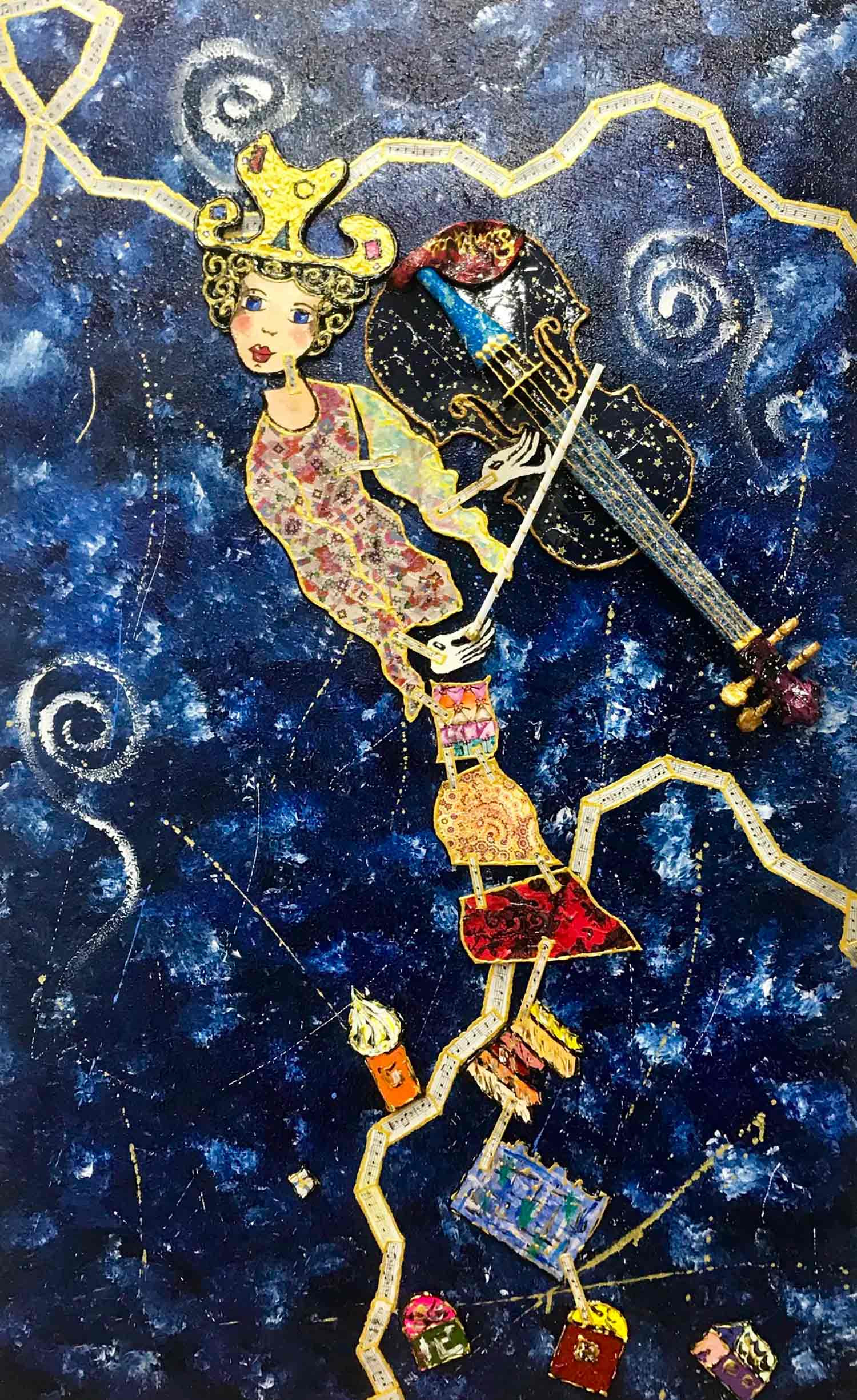 Pinkhas, Violoniste au dessus du village, peinture - Galerie de vente et d’achat d’art contemporain en ligne Artalistic