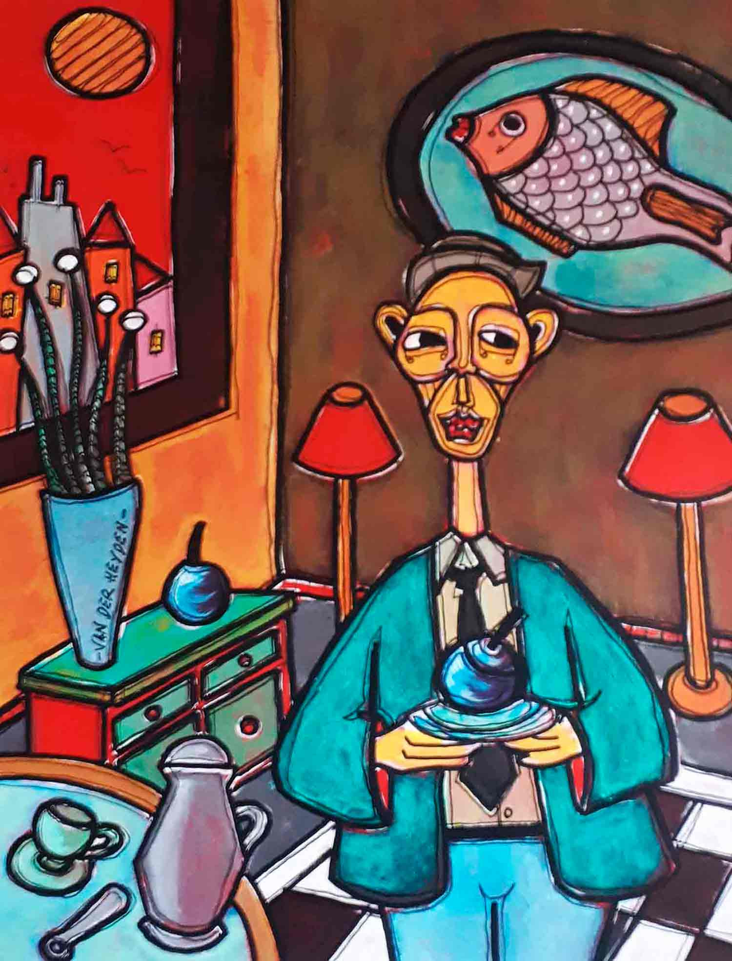 Didier Van Der Heyden, Alex serveur de pomme, peinture - Galerie de vente et d’achat d’art contemporain en ligne Artalistic