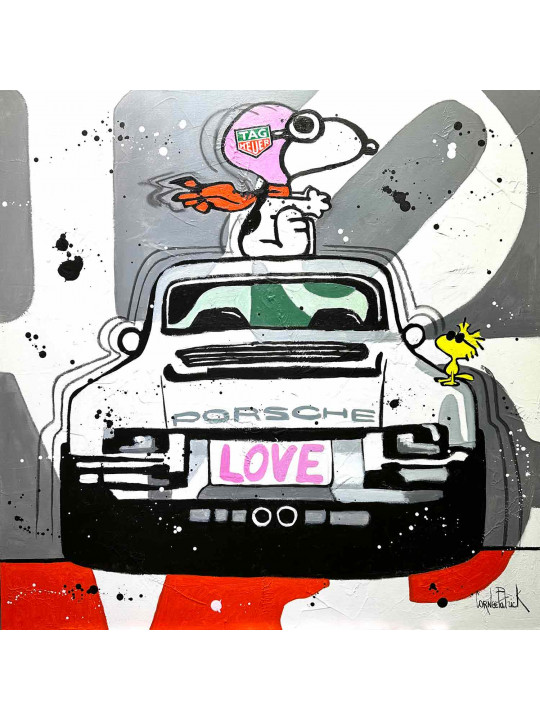 Snoopy dreams of driving a Porsche, grey version