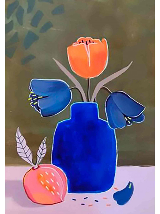 Fleurs dans vase bleu et pêche