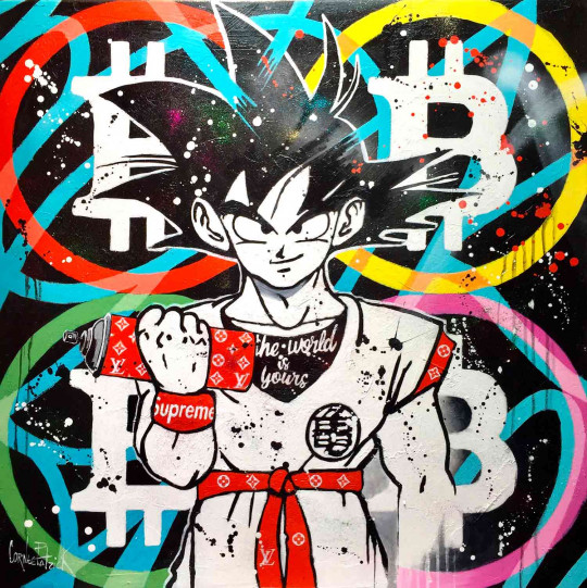 Son Goku loves Louis Vuitton, Bitcoin and blue graffiti