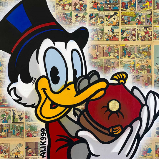 Scrooge McDuck holding Bitcoin